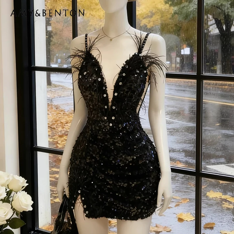 

Heavy Industry Sequin Women's Sling Dress French New Design V Neck Feather Embellishment Sweet Cool Sexy Short Dresses Ladies