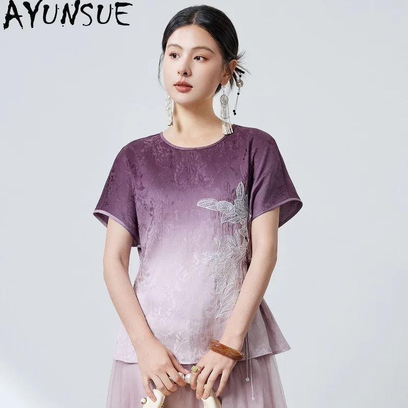 

AYUNSUE Silk & Linen Blend Tops for Woman Chinese Style Short Sleeve T Shirts Elegant Summer Tops Woman Clothes High Quality
