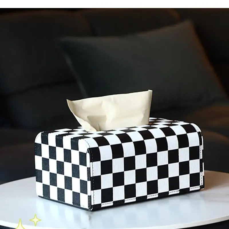 

Checkerboard Tissue Box Black and White Plaid Living Room Light Luxury High-end Car Woven Paper Home Decoration