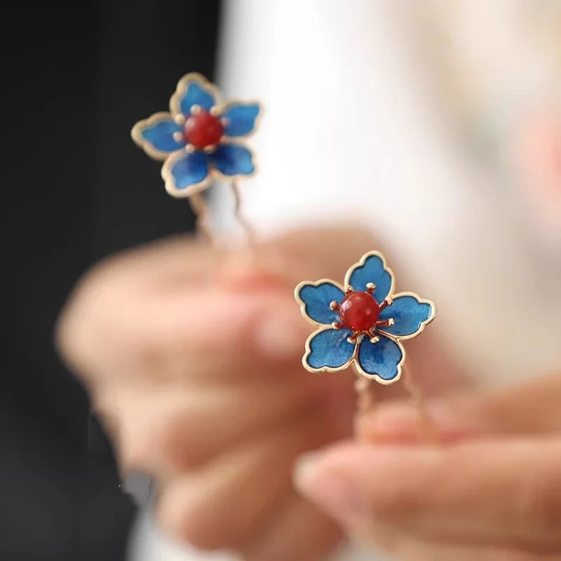 青い花の古代風漢服ヘアピン、絶妙な花柄ヘアアクセサリー、新しい中国風の焦げ茶色のヘアピン、小さなU字型H