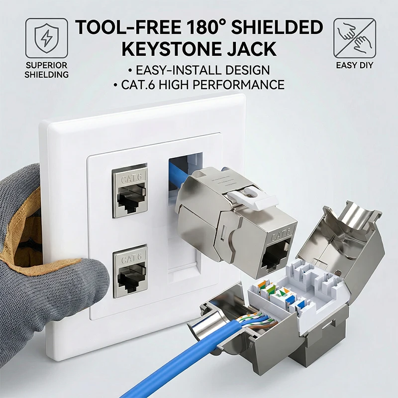 

CAT.6 Shielded Tool-less RJ45 Keystone Jack, No Punch Down Up-Down Crimp, 10Gbps Network Data Connector for Cat.6 Shielded Cable
