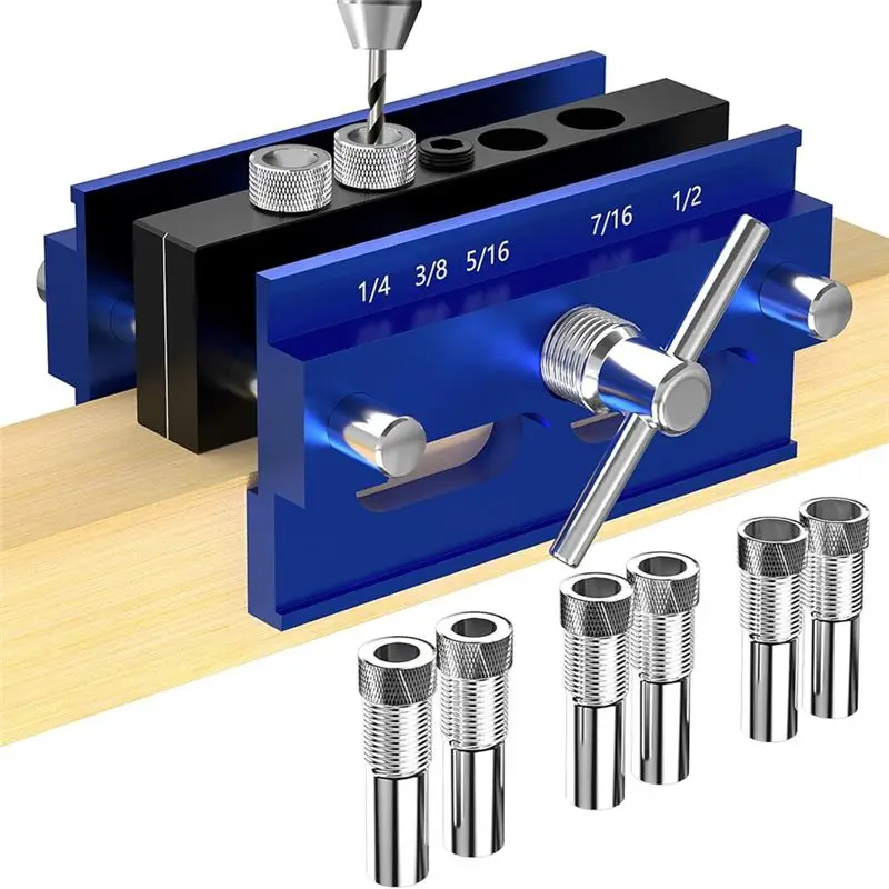 AT19-Self Centering Dowel Jig Kit, Drill Guide Jig Block For Straight Holes 6PCS Drill Bushings, For Woodworking, Adjustable