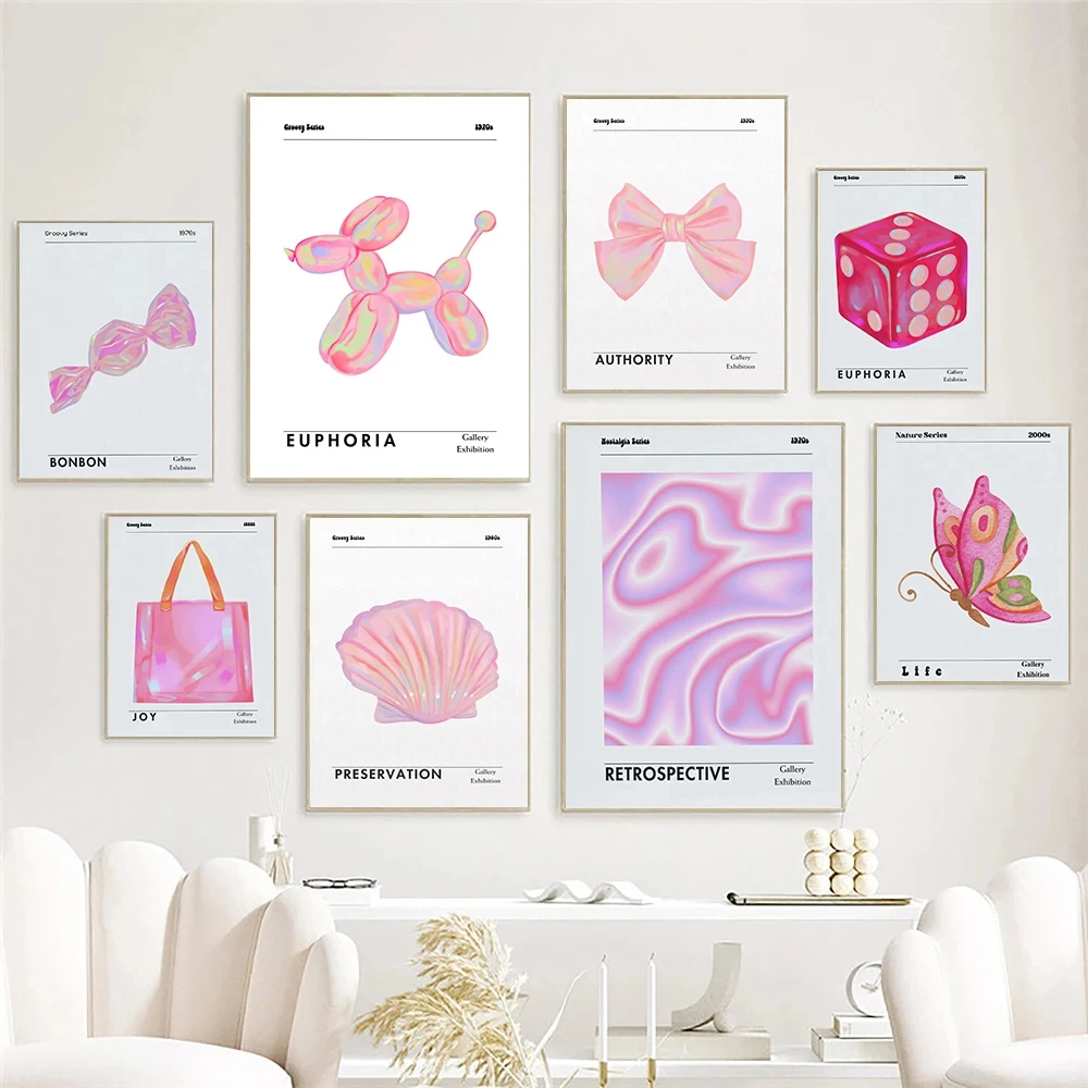 Aesthetic Poster Print Balloon Dog Art Wall Canvas Painting Teenage Girl Room Pink Bow Tie Dice Lipstick Bags Room Home Decor