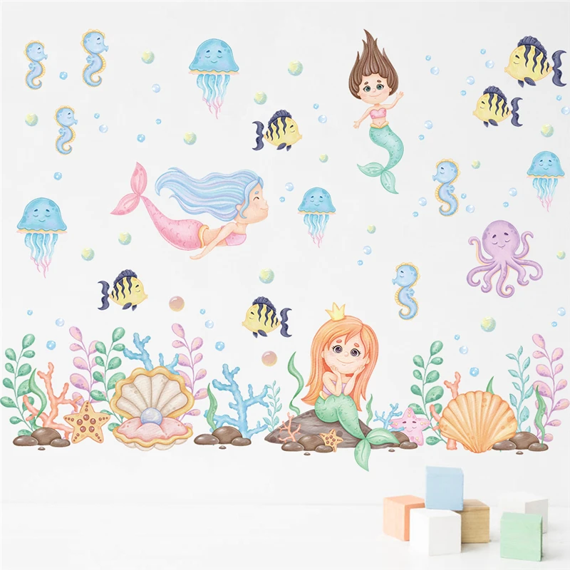 

Cartoon Mermaid Fishes Sealifes Wall Sticker For Bathroom Home Decoration Diy Ocean Theme Mural Art Girls Decals Pvc Posters