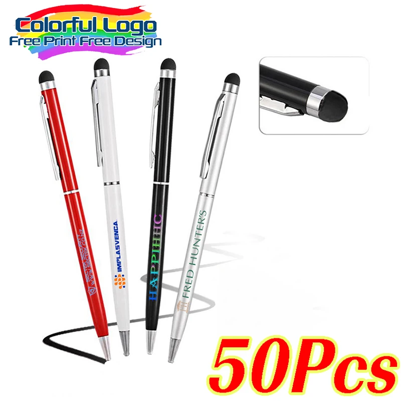 

50 шт., шариковая ручка с цветным логотипом, металлическая 2 в 1, стилус для сенсорного экрана, рекламная ручка для офиса, бизнес-подарок
