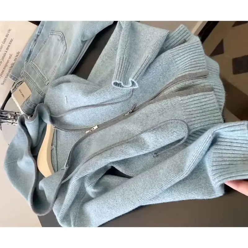 

Осень-зима 2026, новый вязаный кардиган с капюшоном, женский модный повседневный вязаный свитер с двойной молнией, женский трикотаж, топ