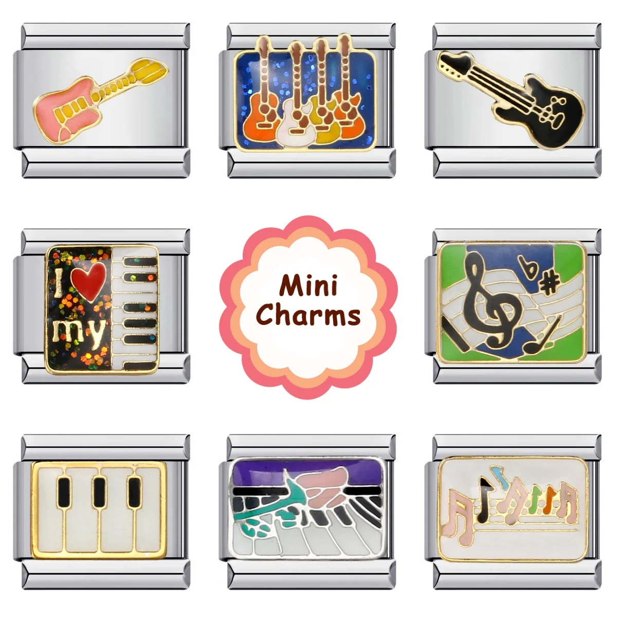 Trendy Fashion Rock Cool Guitar Music Piano Italian Link 9mm Width Charm Bracelet Stainless Steel Jewelry DIY Making