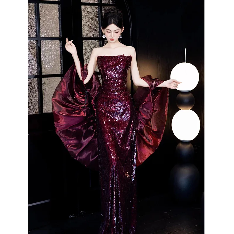 Elegant Women's Wine Red Evening Dress Light Luxury Strapless Shinning Sequins Party Gown Puff Wrinkled Shawl Female Vestido