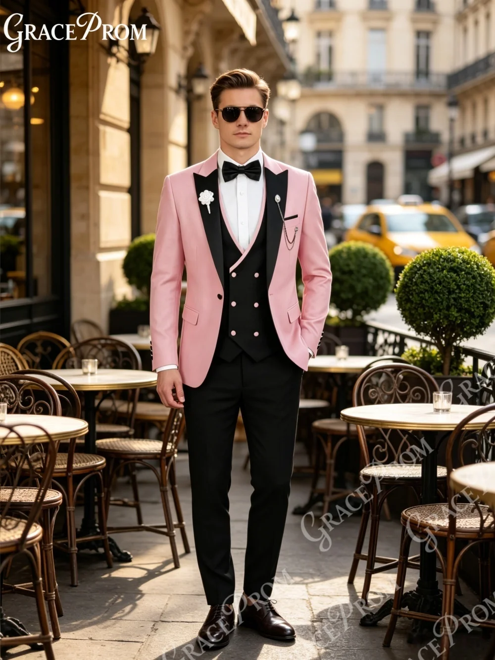 Fashion Men Contrast Pink Black Satin Lapel Tuxedo 3PCS Double Breasted Slim Fit Groom Blazer Vest Pants Set Formal Prom Suit