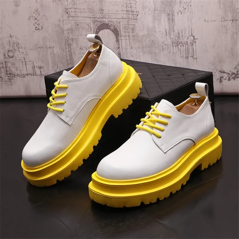 Autumn Fashion Men Casual Shoes Korean Luxury Dress Leather Shoes Height Increasing Oxfords Designer Sneakers White Yellow