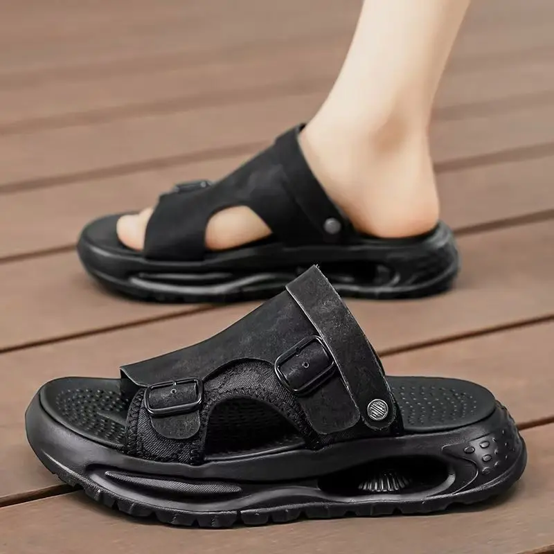 Men's PU Leather Dual Purpose Beach Sandals Slippers Thick Sole Non Slip Open Toe Hollow Out Casual Sports Sandals Slippers