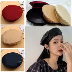 Women Female Ladies Warm Beanie Beret Cap Adjustable Hat French Artist Hat PU Leather Berets