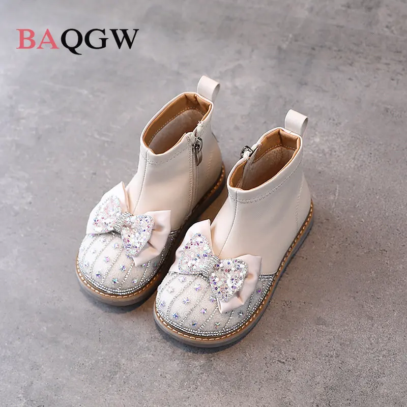 Children Autum Winter Sweet Sequined Princess Boots Baby Girl Boots Patchwork Bow Tie Beige Rhinestone Short Winter Zipper Boots