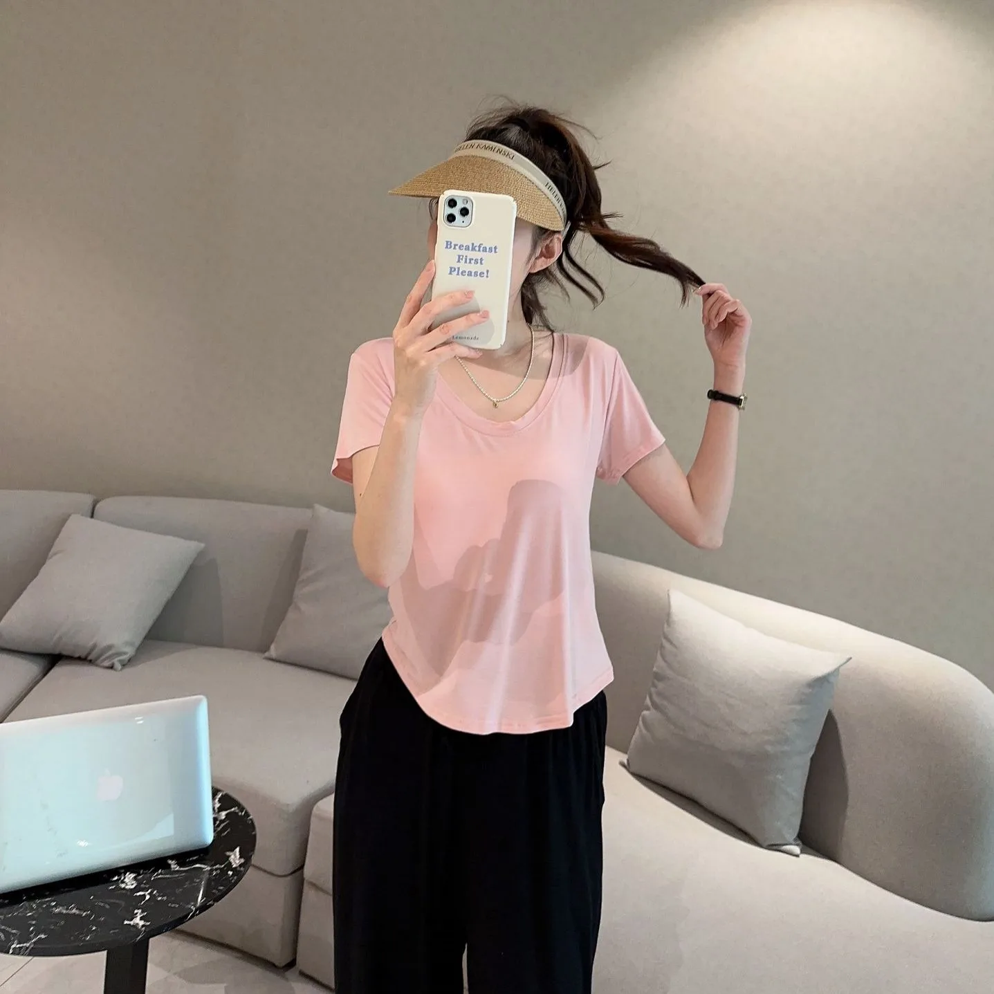 Summer women's U-Neck Tshirt short sleeves Solid color Loose bottoming T-Shirts Plus size Thin Tee Tops