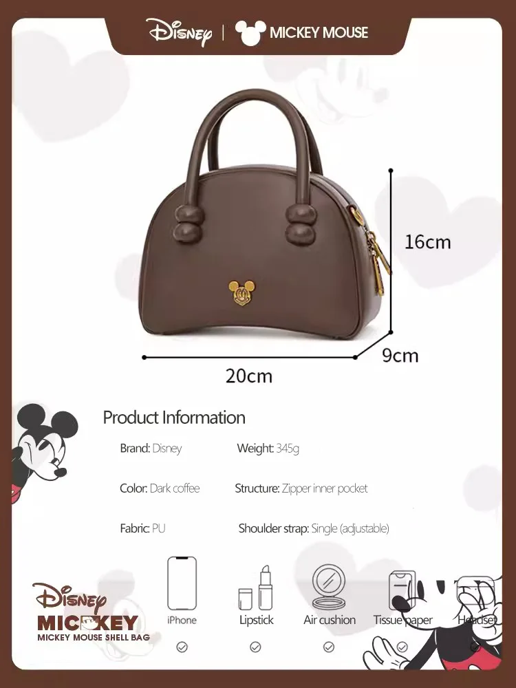 Disney Retro Handbag Cartoon Mickey Badge Crossbody Bag Advanced PU Leather Solid Color Commuting Mini Women Shell Bag