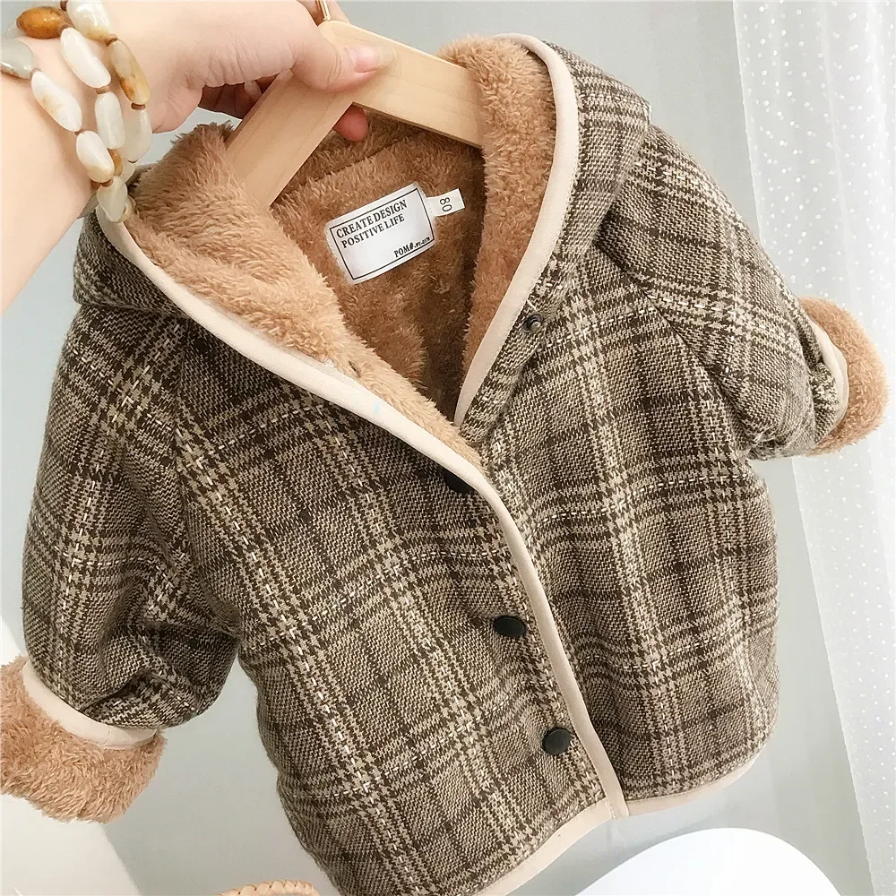 Girls\' Plaid Velvet Hooded Coat Top Children\'s Boys Hairball Single-breasted Jacket 2023 Autumn Winter Kids Thicked Warm Jackets