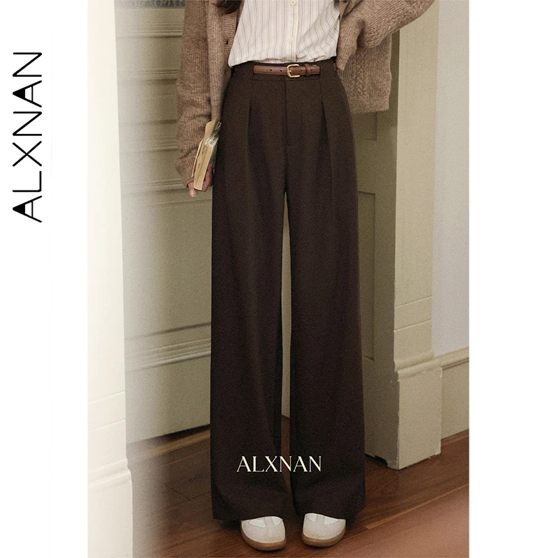 ALXNAN pantalons décontractés pour femmes marron taille haute pantalon coupe ample tombant Anti-rides trajet polyvalent femme pantalon L57052