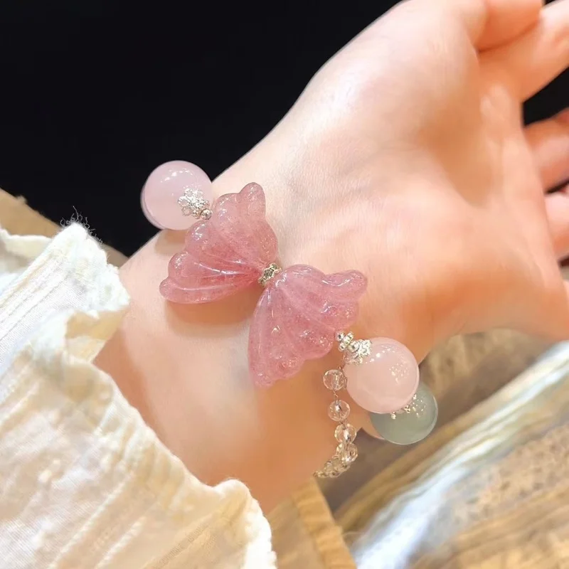 Natural strawberry crystal butterfly wings bracelet women pink girlfriend gift birthday wedding gifts for guests party favors