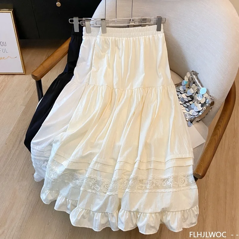 Hollow Out Lace Skirts New 2026 Spring Cute Girls Woman FLHJLWOC Y2K Chic Ruffles Layer Elastic Waist A Line White Long Skirts