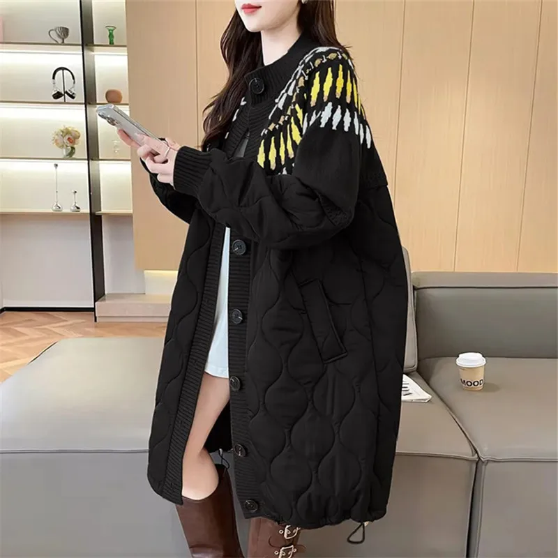 

Модное женское пальто на хлопковой подкладке, осень-зима 2021, новый длинный свитер с вышивкой, кардиган, корейская свободная утепленная куртка, женская