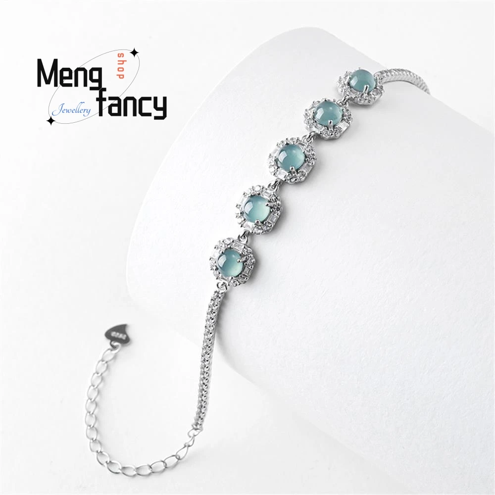 Natural A-goods Jadeite Blue Water Egg Surface Princess Bracelet S925 Silver Inlaid Ice Jade High-grade Elegant Fashion Jewelry