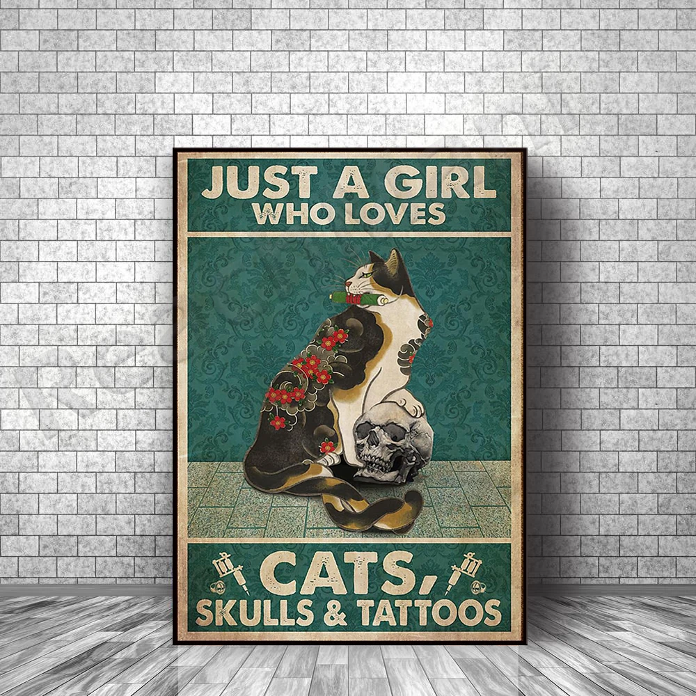 

Just a Girl Who Loves Cat Skulls and Tattoo Wall Art Decor Canvas Print Posters, Cat Skull Art, Tattoo Gifts