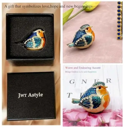 Ornate Enamel Robin Figurine With Rhinestone Detailing, Hinged Trinket Box For Ring And Earring Storage, Decorative Home - view 4