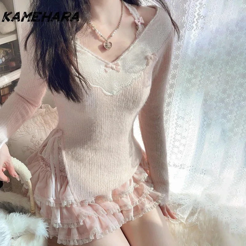 KAMEHARA Japanese Sweet Kawaii Girl Round Neck Lace Slit Top Harajuku Style Slim Fit Pink Cake Skirt Y2k Two-piece Sets Платье
