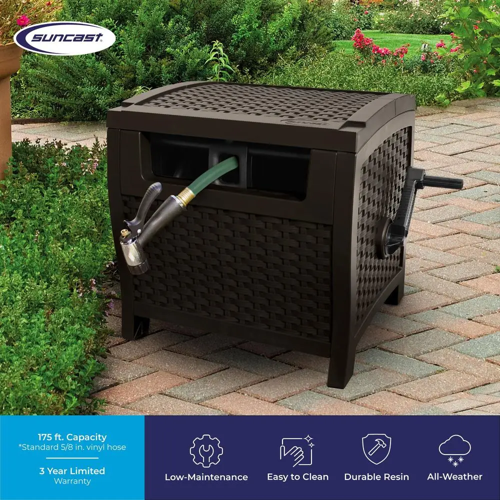 175ft Outdoor Garden Hose Reel Resin Wicker Hideaway Smart Trak Hose Guide Weather Resistant Durable Storage Solution
