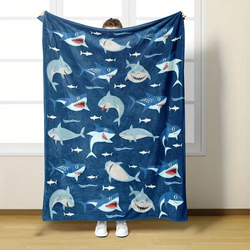 Soft & Cozy Shark Print Flannel Throw Blanket - Perfect for Boys, Digital 3D Print Design, Light Blue with White & Green Shark P