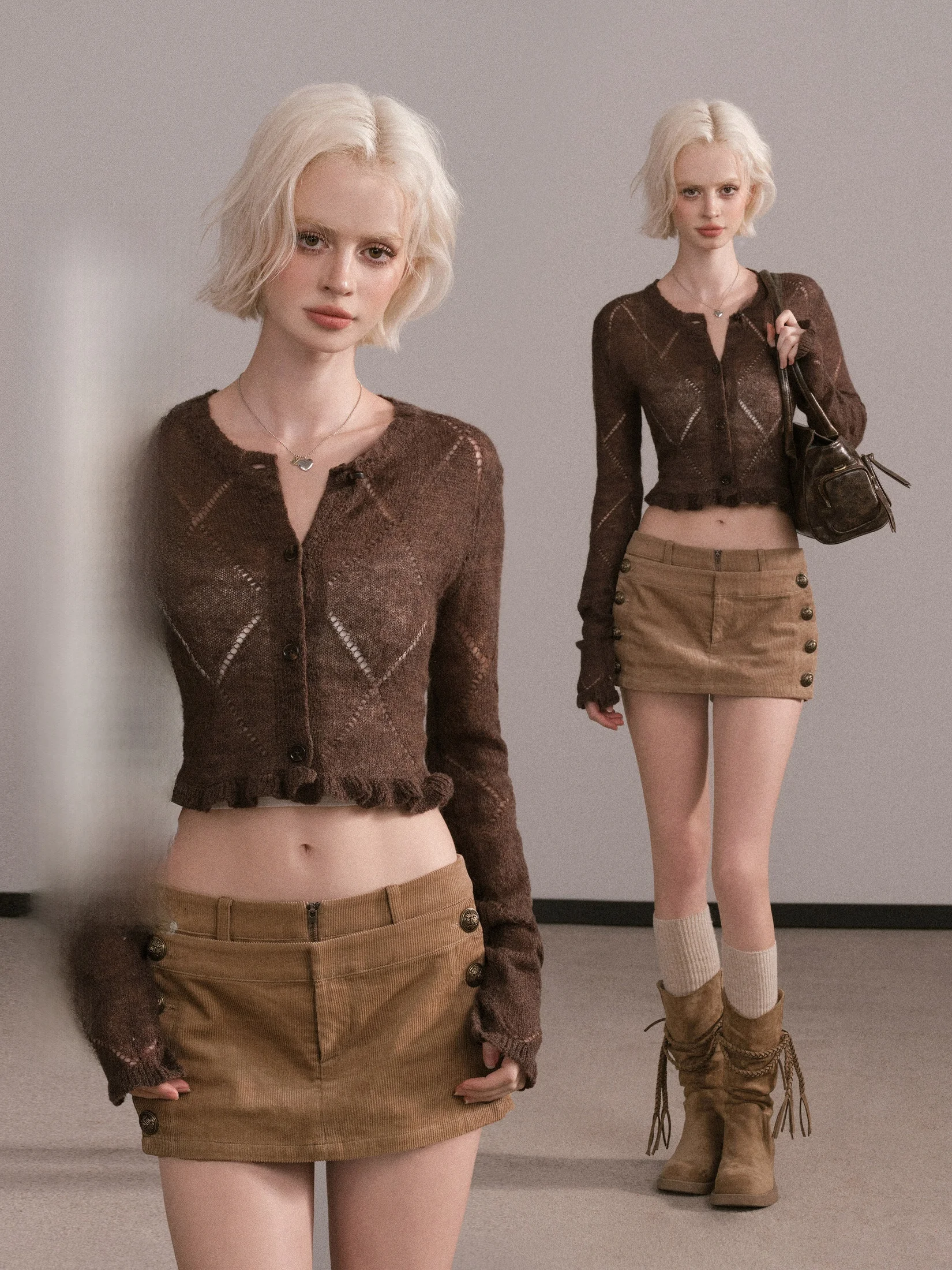 

M Studio Spicy Girl Design Baring Waist ort Knitted Cardigan Sweater Women Spring Autumn Polyester Acrylic Wool Blend