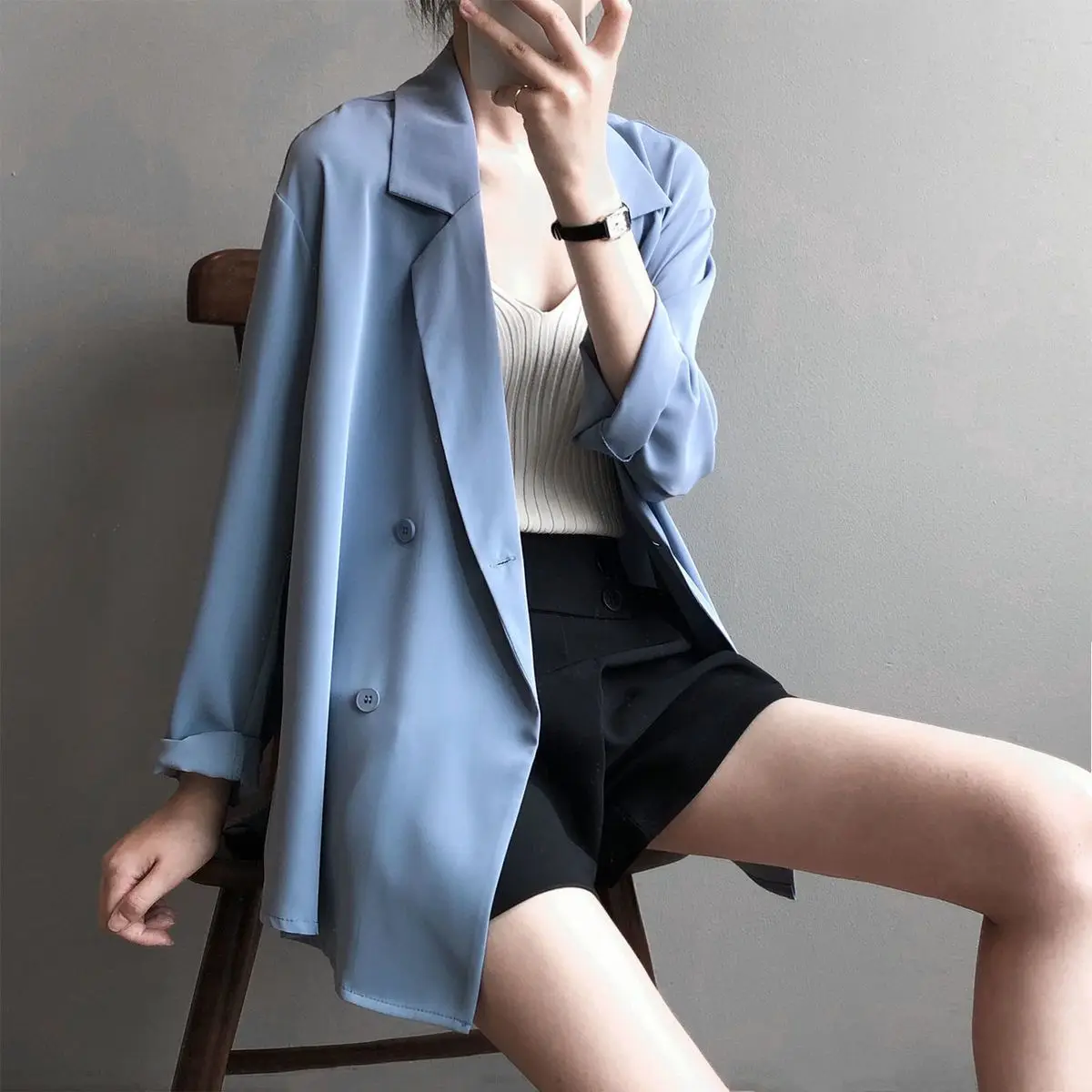 Women Spring Summer New Chiffon Suit Jacket Fashion Generous Solid Button Splicing Loose Casual Versatile Long Sleeved Thin Coat