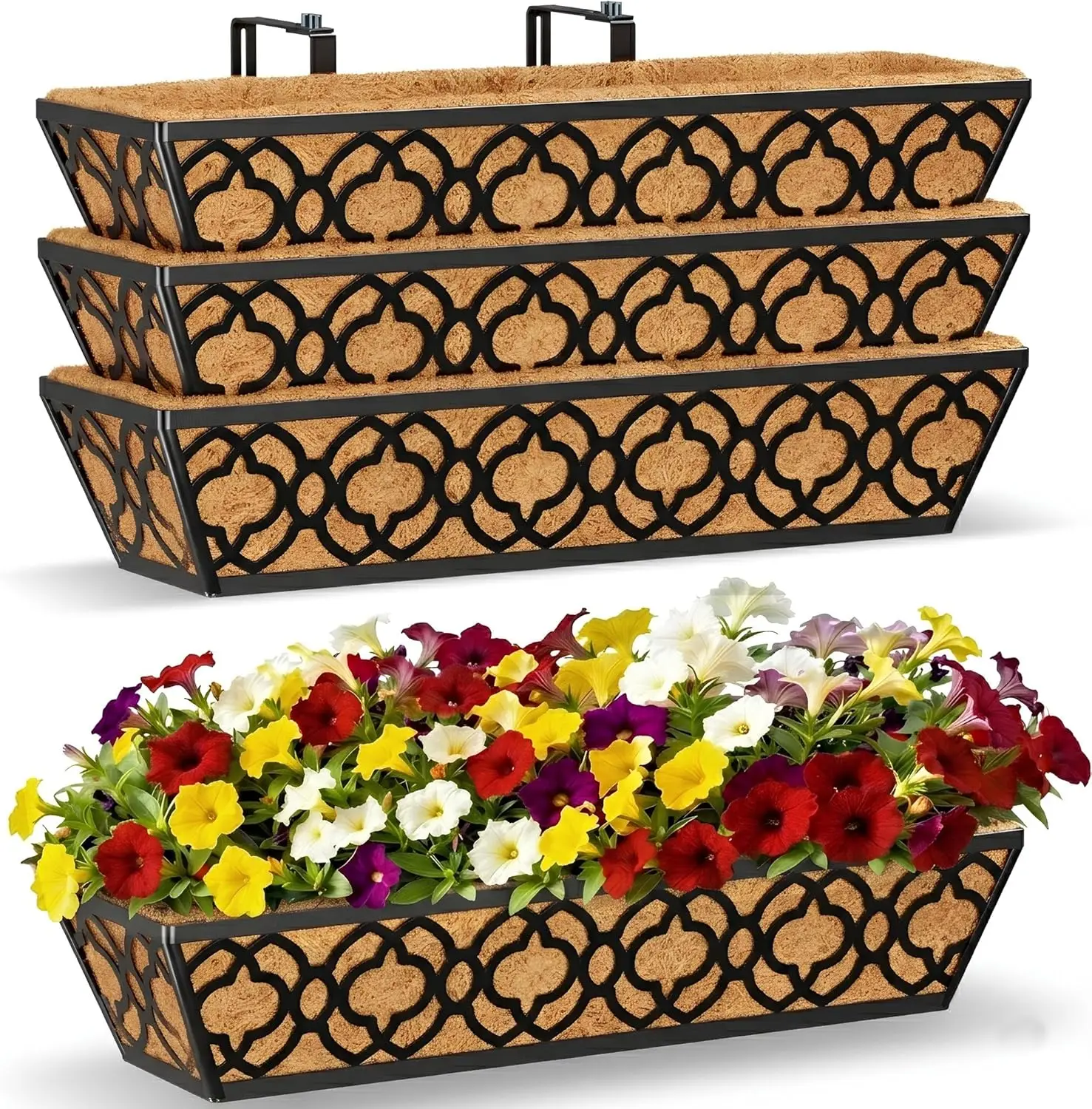 

24 Inch Adjustable Metal Hanging Planter Box with Coco Liner, Balcony Deck Fence Window Flower Box Black, 4 Pack