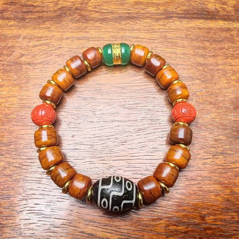 

Tibet Nine-Eyed Agate Dzi Bead Ox Bone Bracelet Hand String Cultural Play Jewelry Unisex Agate Dzi Bead Ox Bone Bracelet