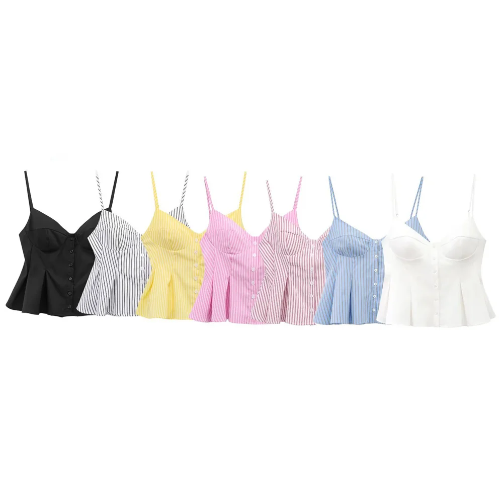 

BMURHMZA Women's Summer New Fashionable and Versatile Fold Decoration V-neck Poplin Fine Strap Vest Short Top