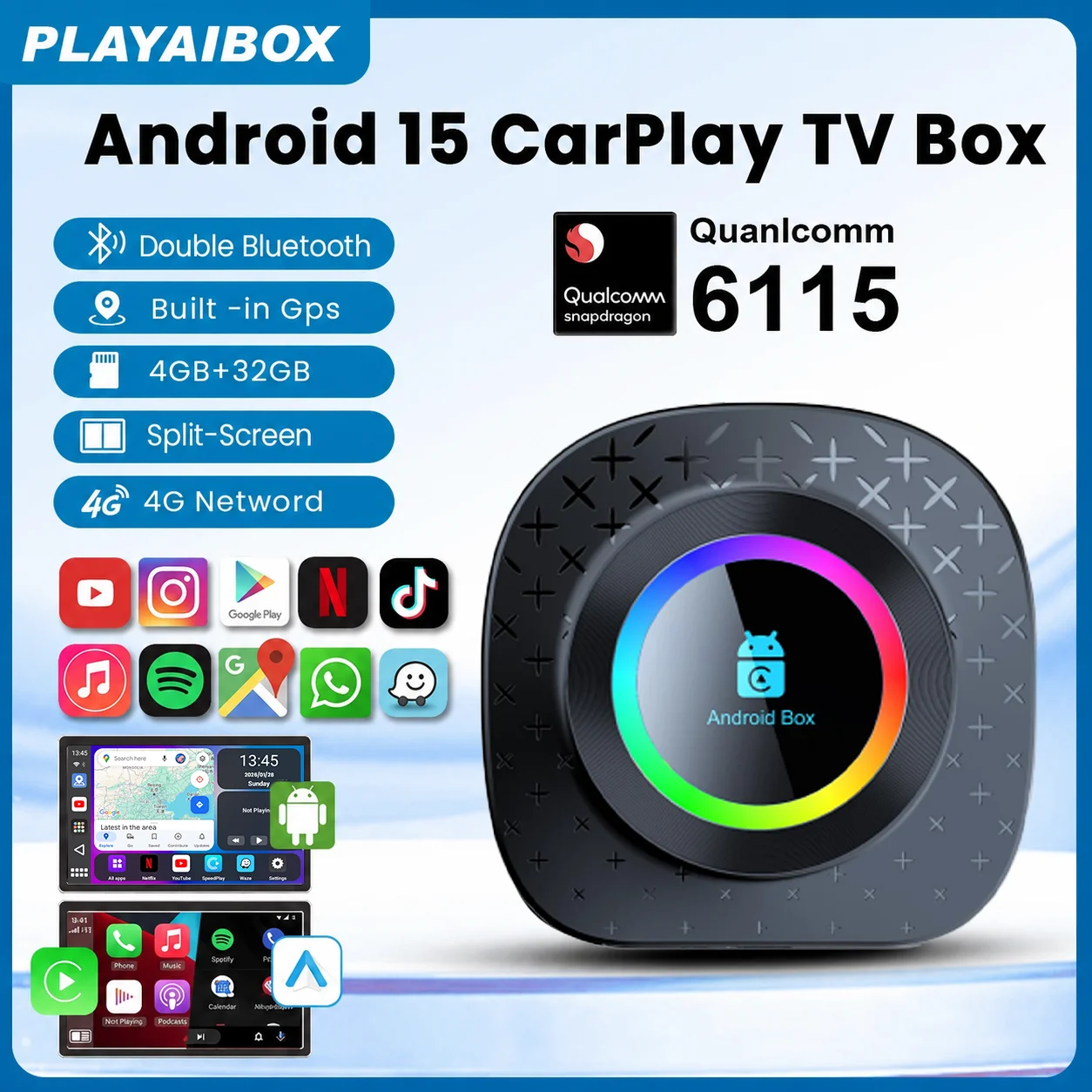Android 15 Kabelloses CarPlay AI Box Qualcomm SM6115 Dual Bluetooth 4G Netzwerk Online-Upgrade Eingebautes GPS Auto-Multimedia-Player