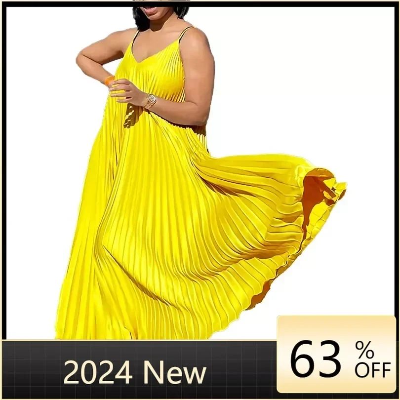 

2024 Plus Size African Dresses for Women Sexy Summer Sleeveless Polyester Pleat Party Evening Long Maxi Dress Africa Clothing