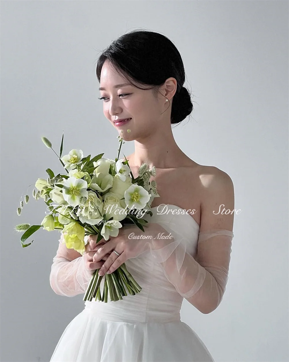 TULX Sweetheart plisado corsé Corea vestido para sesión de fotos de boda una línea de tul chal manga vestido de novia hasta el suelo Dende Personalizzato