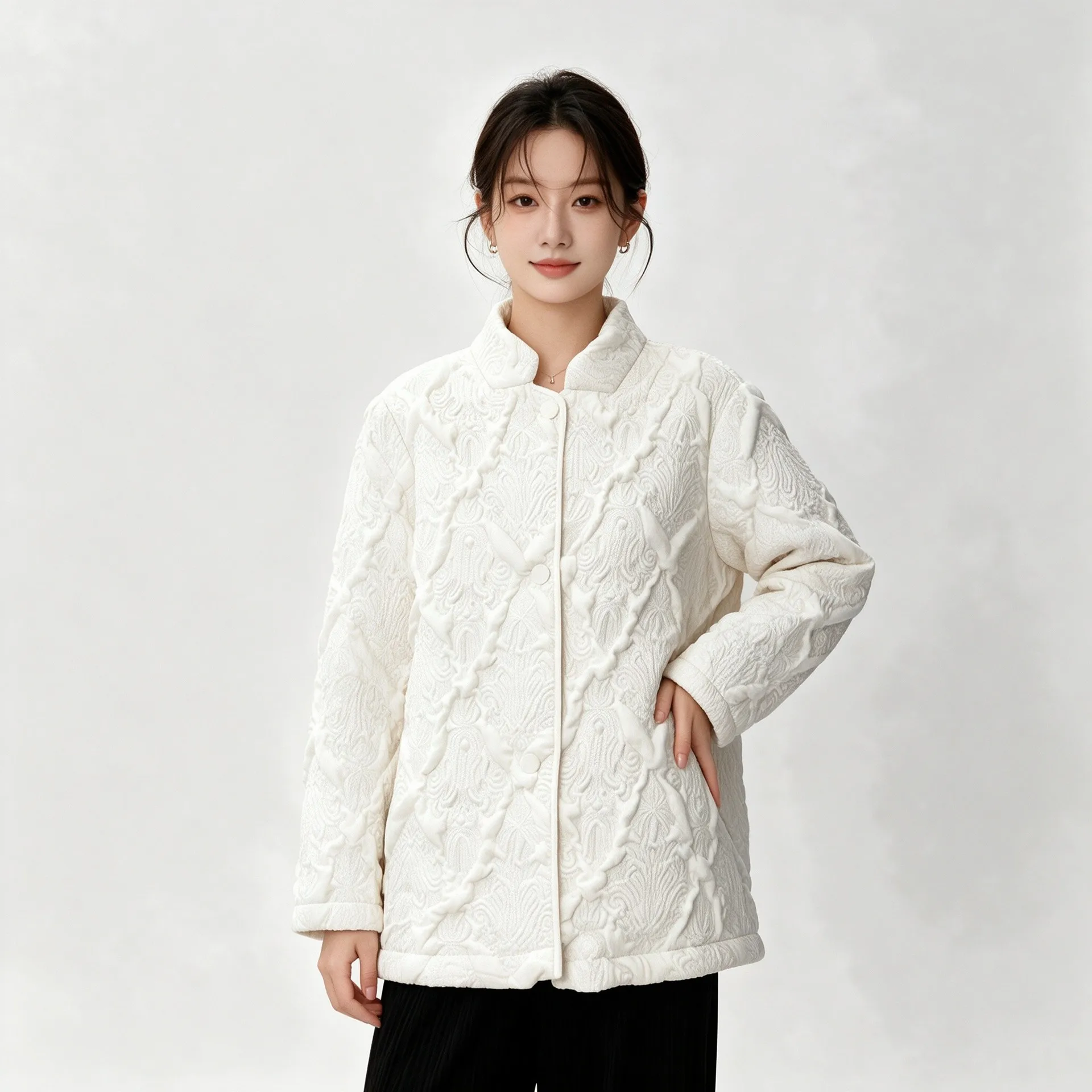 Miyake Women Embossed Jacquard Padded Jacket, Stand Collar Long Sleeve Loose Light Warm Quilted Coat