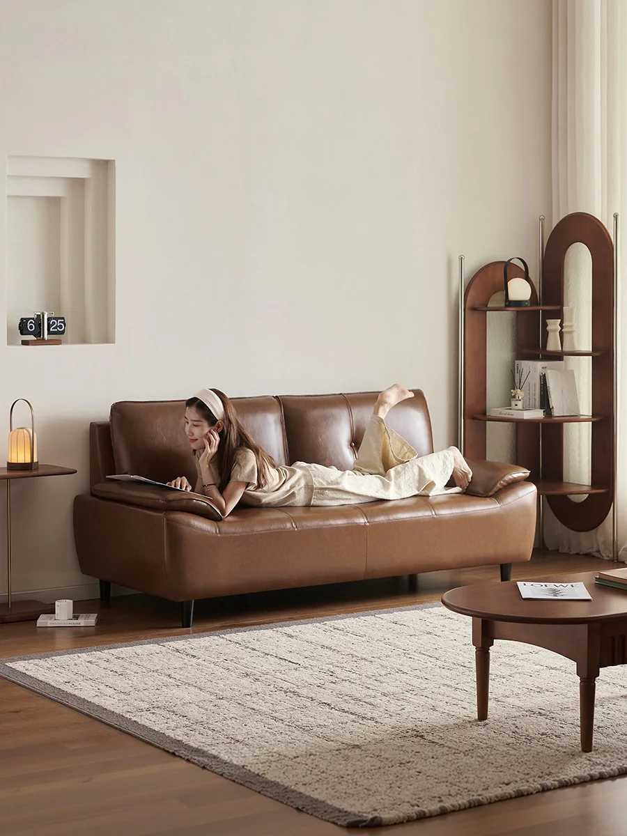 

Small apartment double straight row sofa new leather sofa first layer cowhide retro stroke living room
