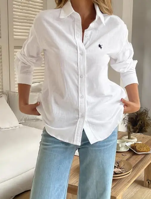 

2025 Autumn/winter Vacation Solid Color Long Sleeve Collar Shirt Women's Wear