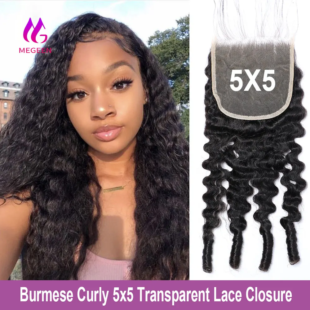 

Megeen 5x5 бесплатная часть Прозрачная Кружевная застежка бирманские кудрявые с спиральными концами наращивание волос 12-20 дюймов готовый естественный вид