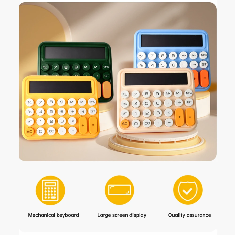 

Calculator 12 Digit Large LCD Display Mechanical Round Button Gradient Candy Colored Battery Power Operate Calculator Students