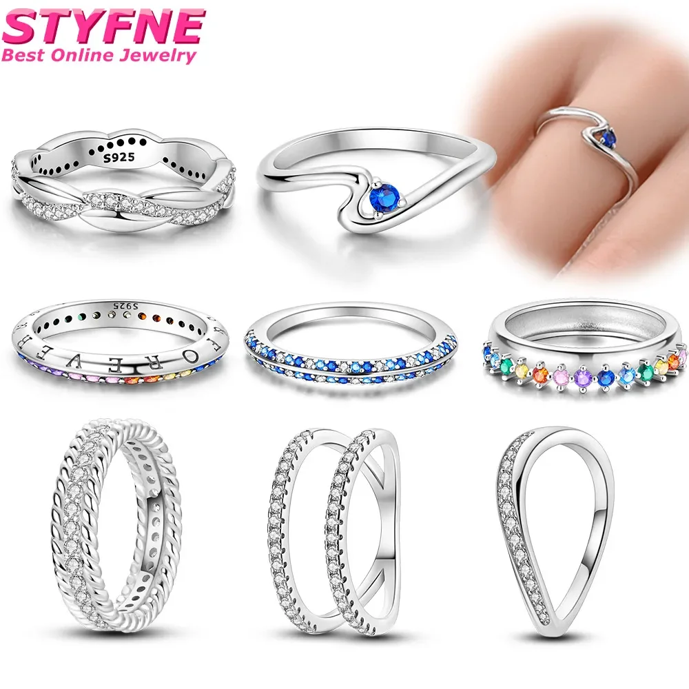 Boutique 925 Sterling Silver Argent Lines Drop Inlay Rainbow Gemstone Pavé Hoop Ring Biżuteria damska na wesele Akcesoria