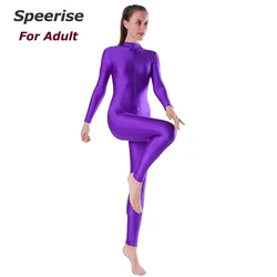 Speerise Woman Black Unitard Front Zipper Spandex Bodysuit Ballet Dance Wear Adults Men Mock Neck Aerial Yoga Bodycon Costumes