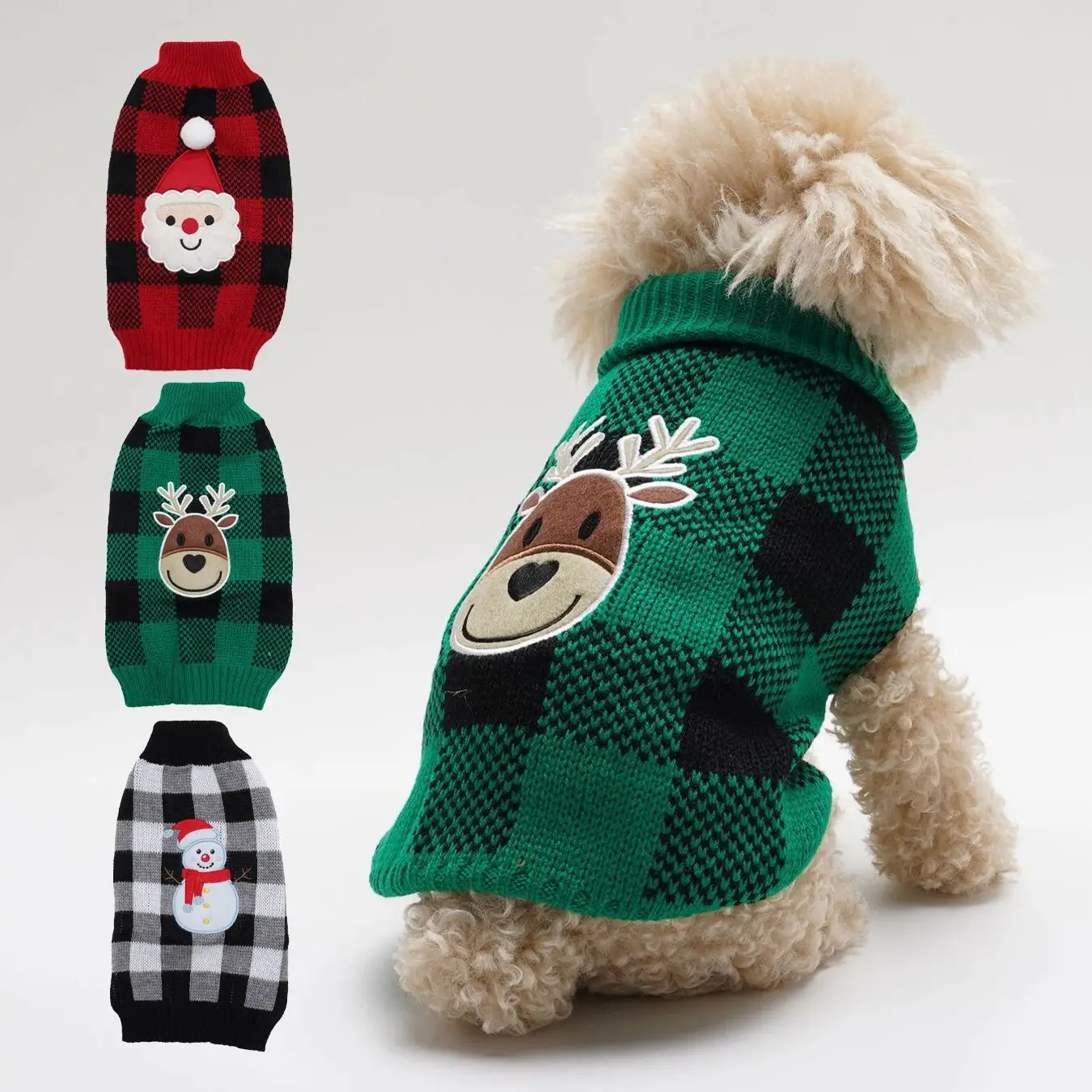 3Pack Knitted High-Elasticity Warm Comfortable Plaid Christmas Elements Pet Sweater with Ball - Snowman Reindeer Santa Claus Des