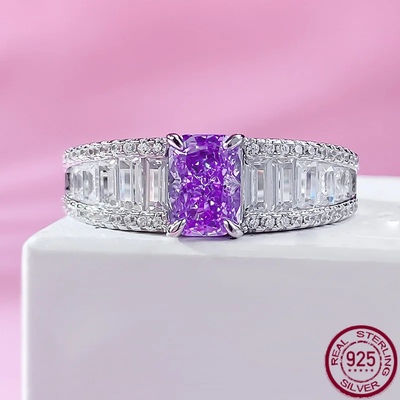 

New S925 Pure Silver High Carbon Diamond Ancestor Lavender Purple 5 * 7 Redion Cut European and American Ring Wedding Jewelry
