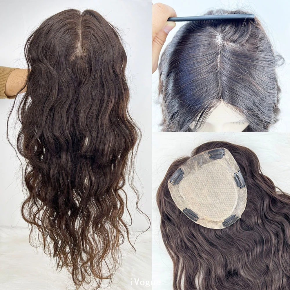 PU Around Clips In Human Hair Piece Silk Topper Brown Real Skin Scalp Base Women Toupee Loose Wave Long Virgin Hair Overlay