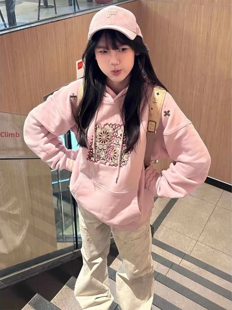 

Retro American Letter Patchwork Embroidery Hoodie Women's Autumn Winter Casual Loose Fit Versatile Outerwear