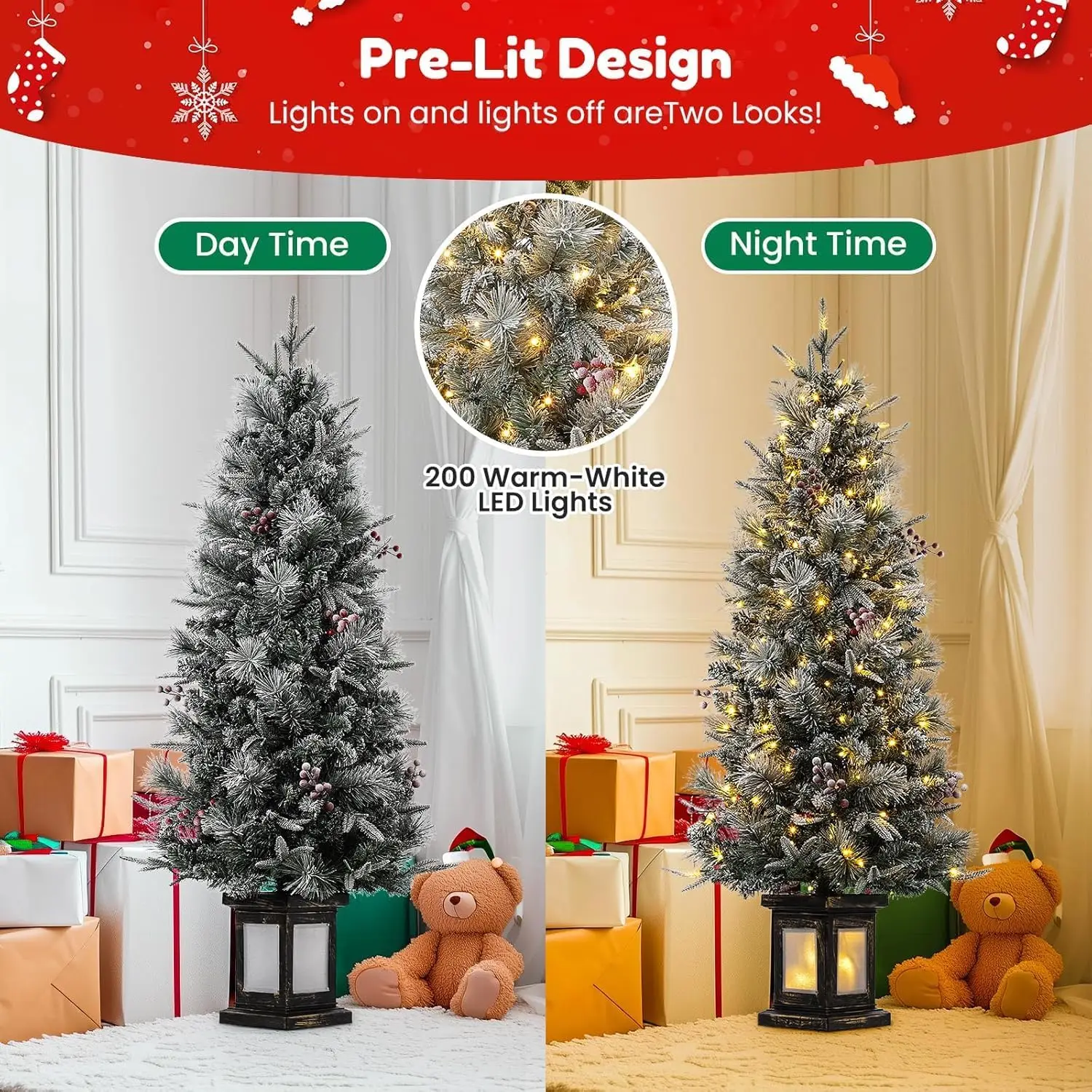 4.5ft Pre-Lit Artificial Christmas Tree, Small Flocked Potted Christmas Trees with 200 LED Lights, Xmas Tree for Tabletop